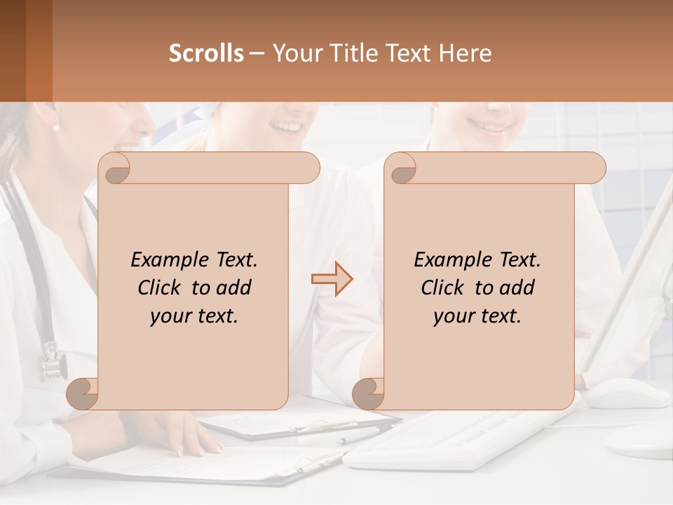 Three Women In White Lab Coats Are Looking At A Computer Screen PowerPoint Template