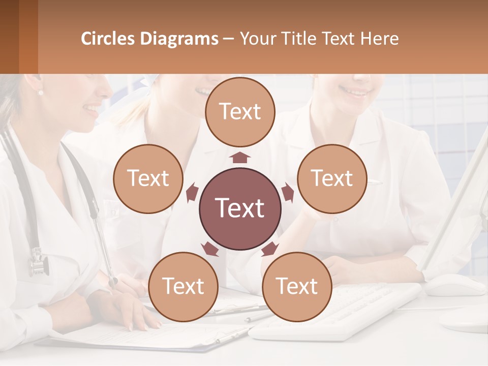 Three Women In White Lab Coats Are Looking At A Computer Screen PowerPoint Template