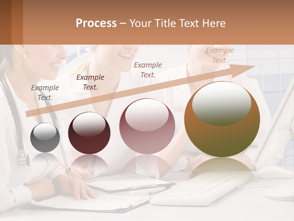 Three Women In White Lab Coats Are Looking At A Computer Screen PowerPoint Template