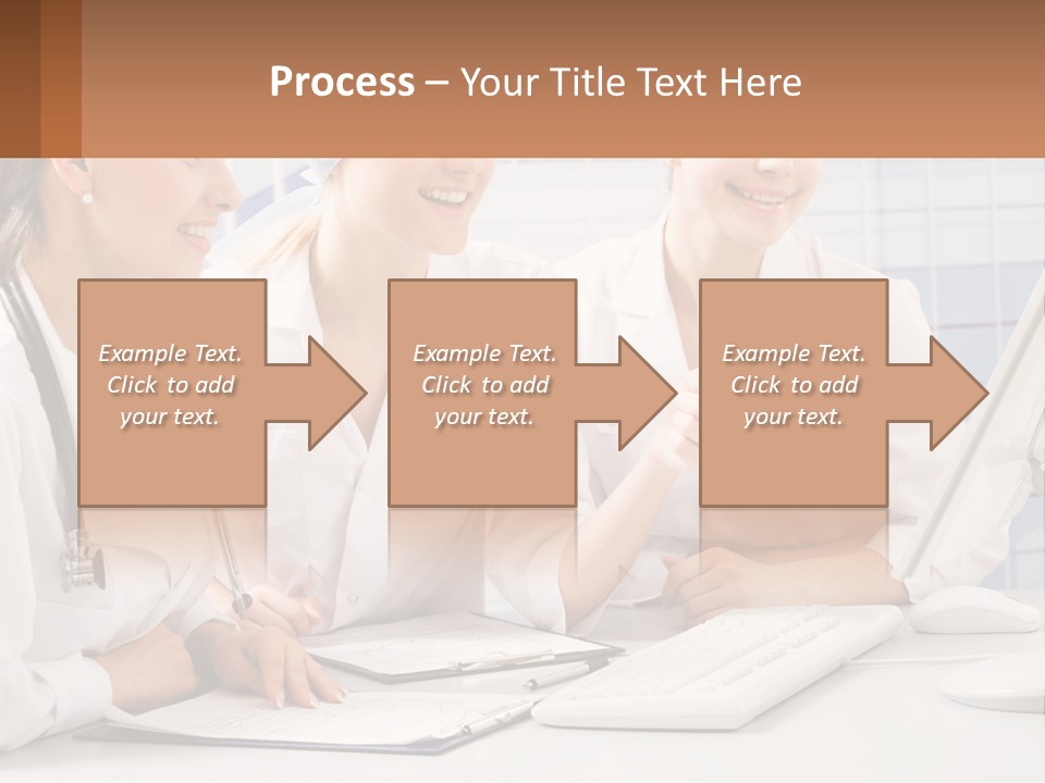 Three Women In White Lab Coats Are Looking At A Computer Screen PowerPoint Template