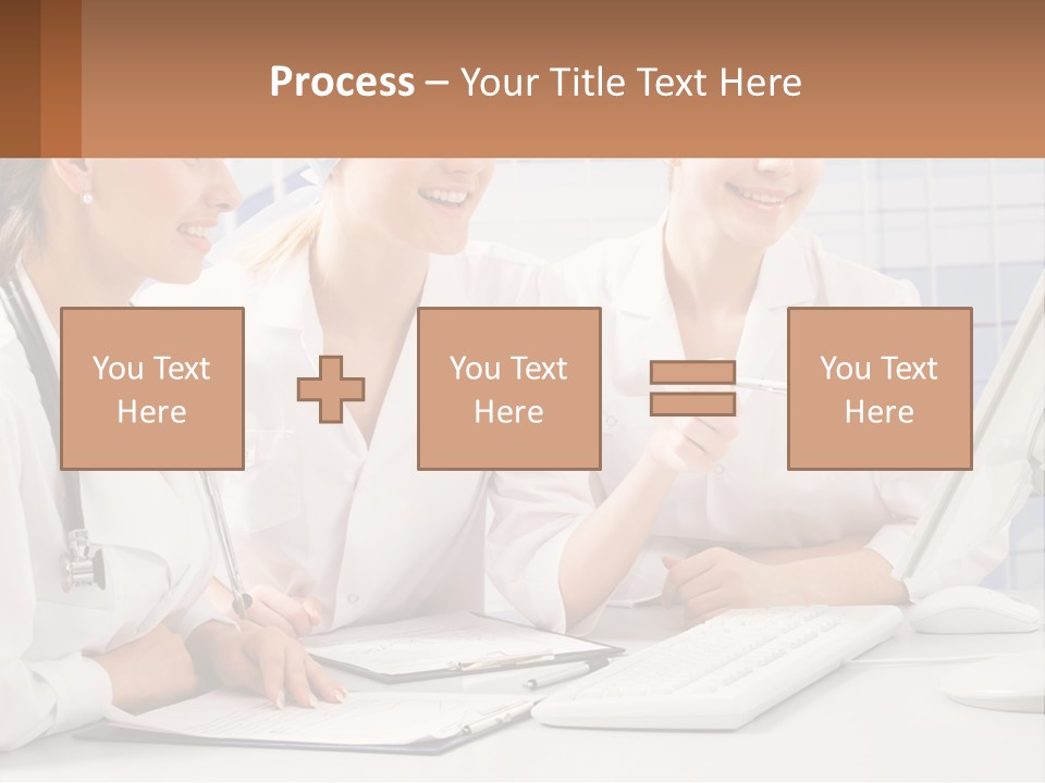 Three Women In White Lab Coats Are Looking At A Computer Screen PowerPoint Template