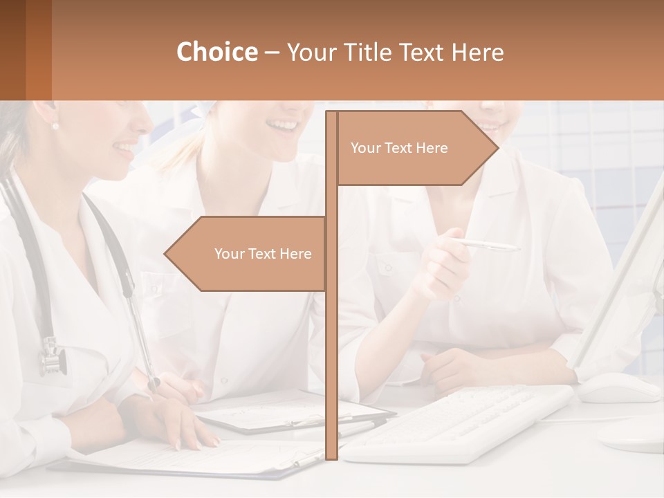 Three Women In White Lab Coats Are Looking At A Computer Screen PowerPoint Template