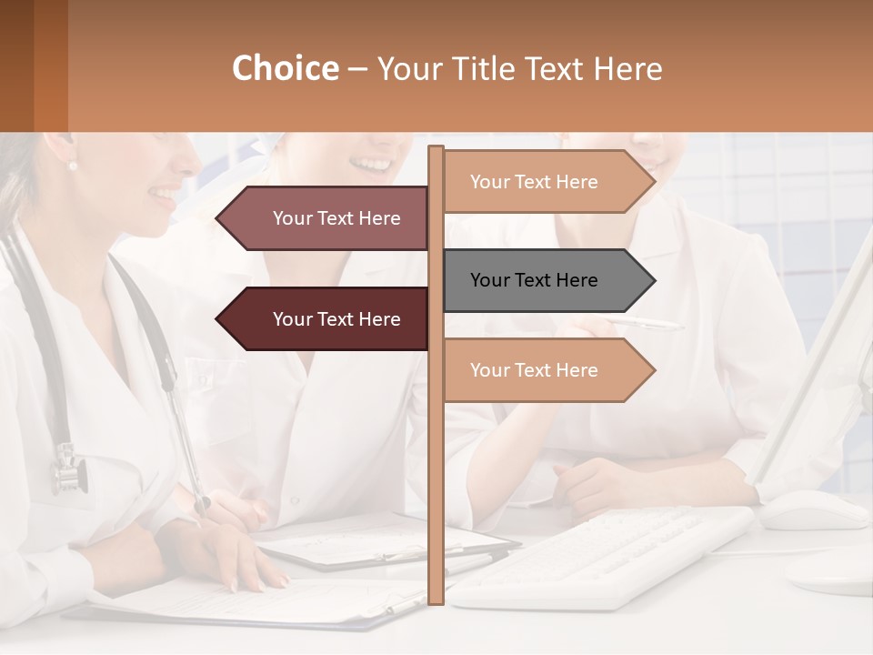 Three Women In White Lab Coats Are Looking At A Computer Screen PowerPoint Template