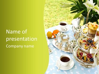 A Table Topped With Cups Of Coffee And Pastries PowerPoint Template