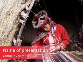 A Woman In A Red Dress Is Weaving A Piece Of Fabric PowerPoint Template