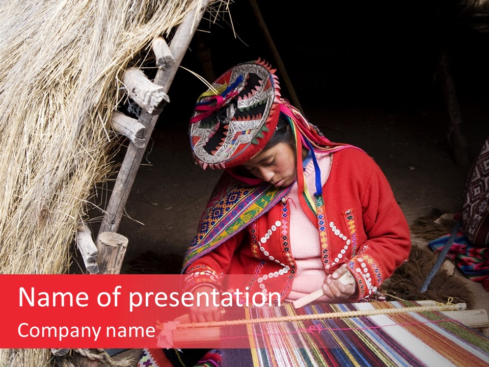 A Woman In A Red Dress Is Weaving A Piece Of Fabric PowerPoint Template