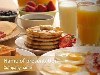 A Table Topped With Pancakes And Fruit Next To A Glass Of Orange Juice PowerPoint Template