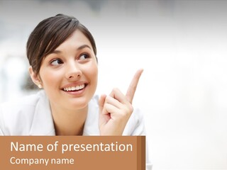 A Woman Pointing To The Side With A Smile On Her Face PowerPoint Template