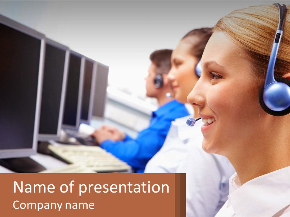 A Group Of People Wearing Headsets In Front Of Computers PowerPoint Template