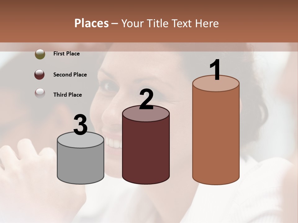 A Woman Sitting At A Table With A Smile On Her Face PowerPoint Template