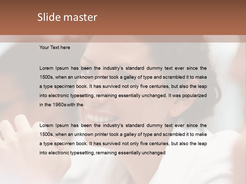 A Woman Sitting At A Table With A Smile On Her Face PowerPoint Template