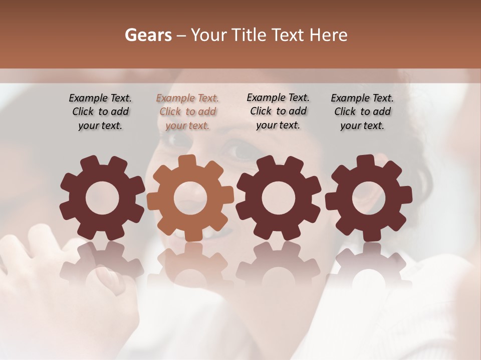 A Woman Sitting At A Table With A Smile On Her Face PowerPoint Template