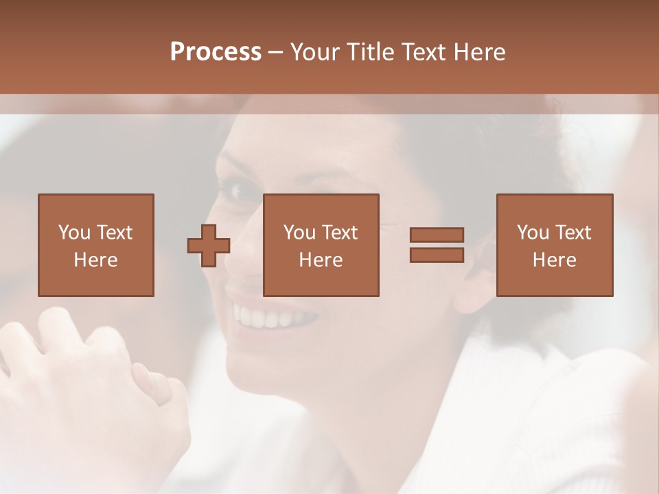 A Woman Sitting At A Table With A Smile On Her Face PowerPoint Template