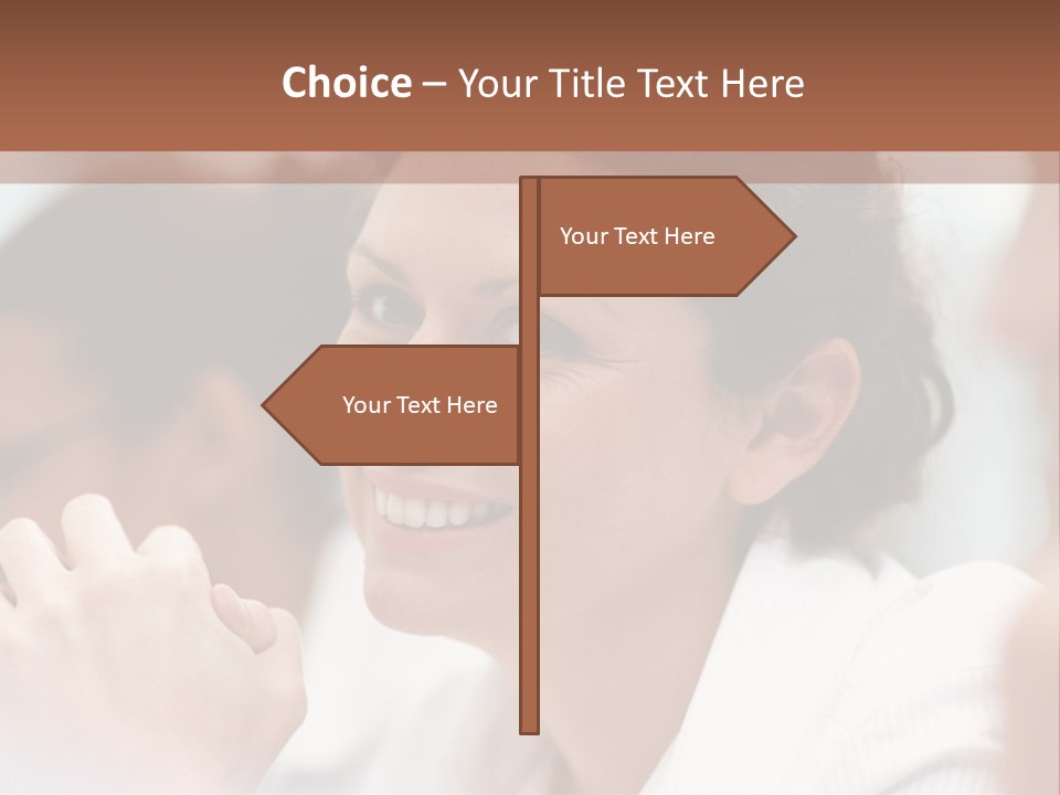 A Woman Sitting At A Table With A Smile On Her Face PowerPoint Template