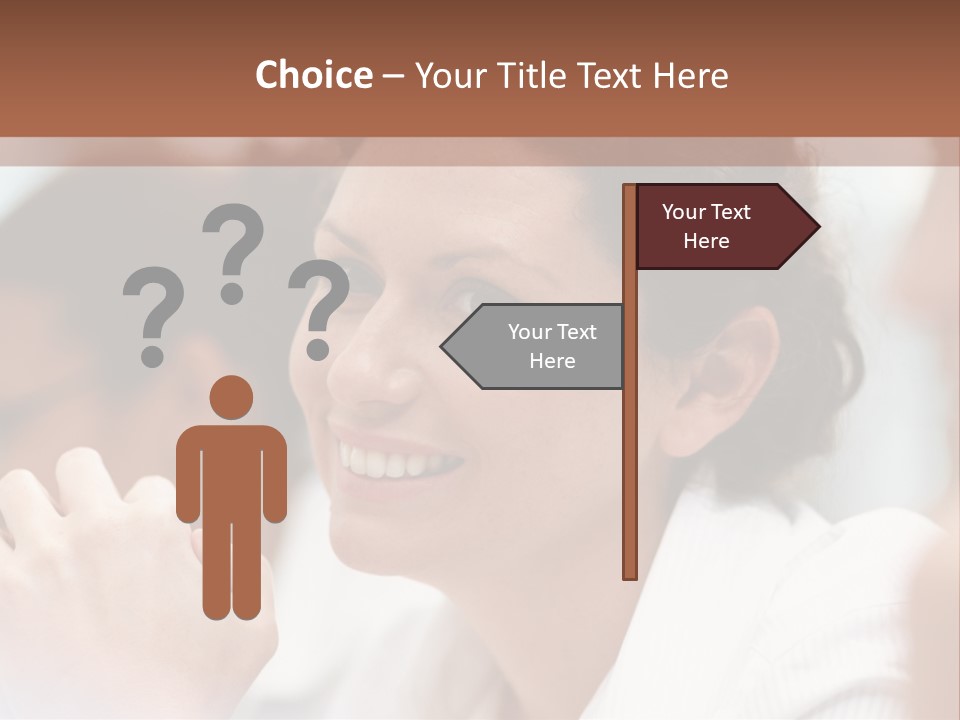 A Woman Sitting At A Table With A Smile On Her Face PowerPoint Template