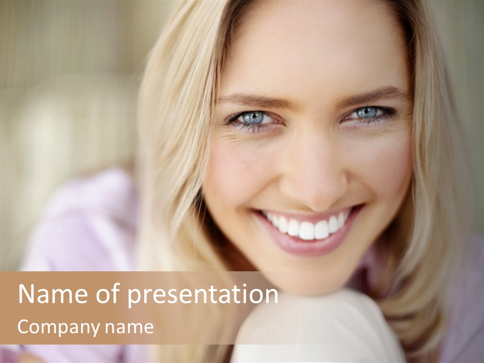 A Beautiful Blond Woman With Blue Eyes Smiling PowerPoint Template