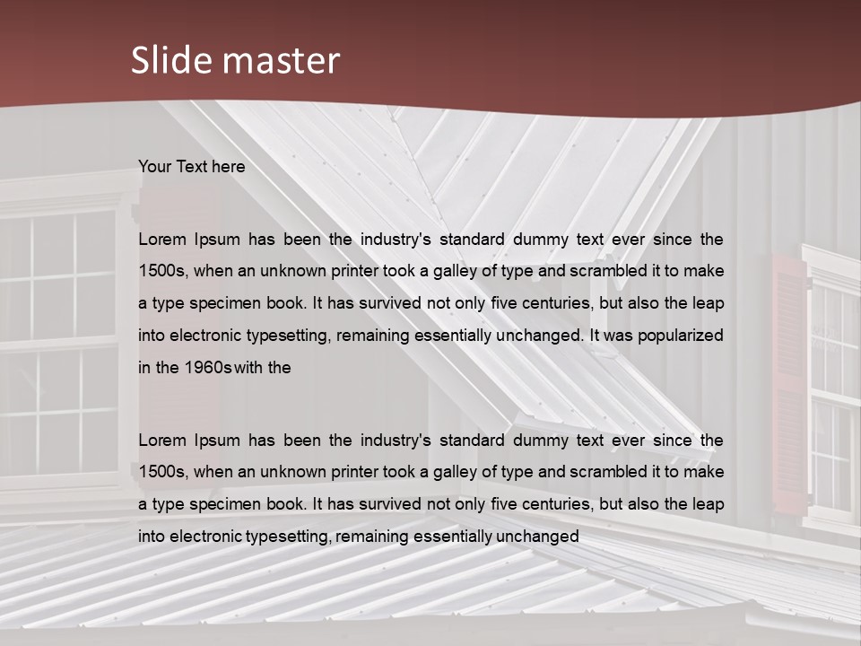 A Gray House With Red Shutters And A Metal Roof PowerPoint Template