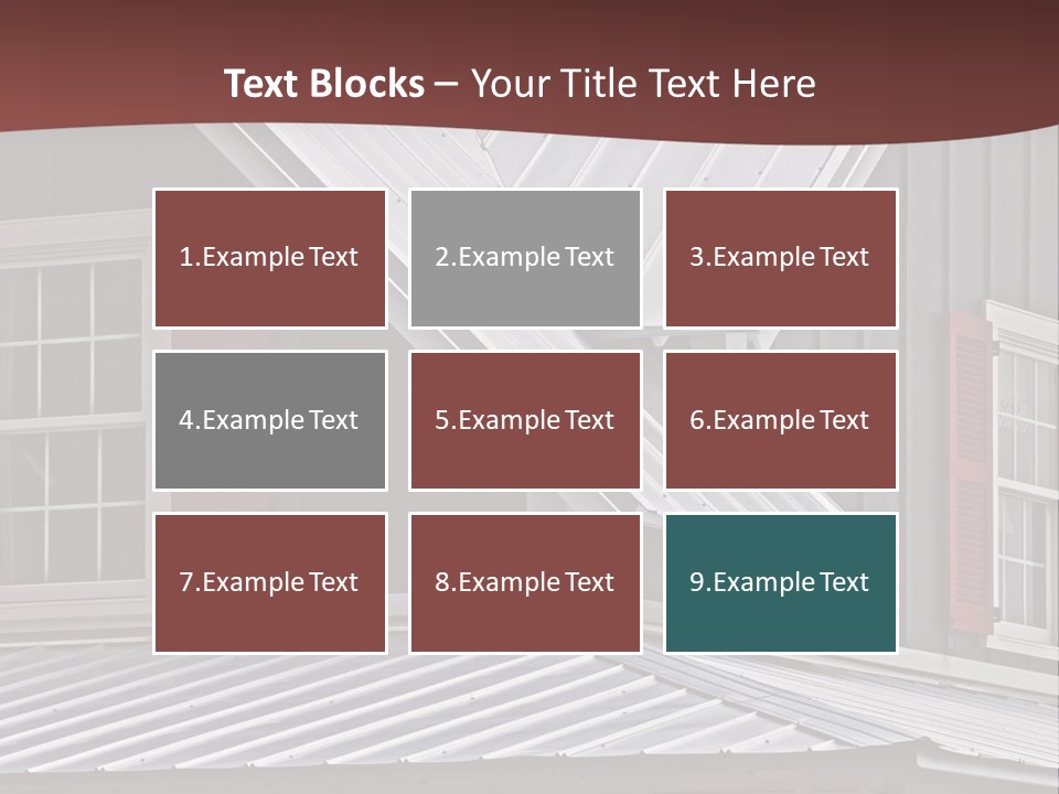 A Gray House With Red Shutters And A Metal Roof PowerPoint Template