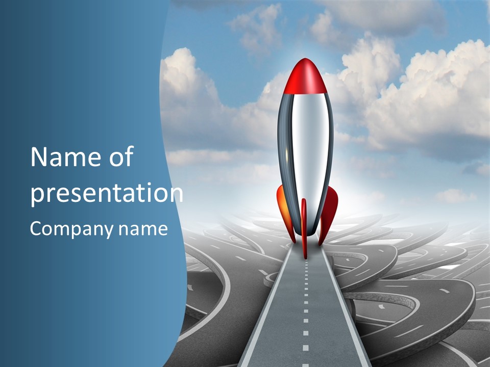 A Red And White Rocket On A Road With Clouds In The Background PowerPoint Template