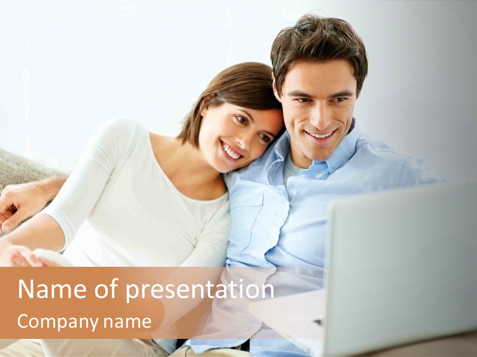 A Man And Woman Sitting On A Couch Looking At A Laptop PowerPoint Template