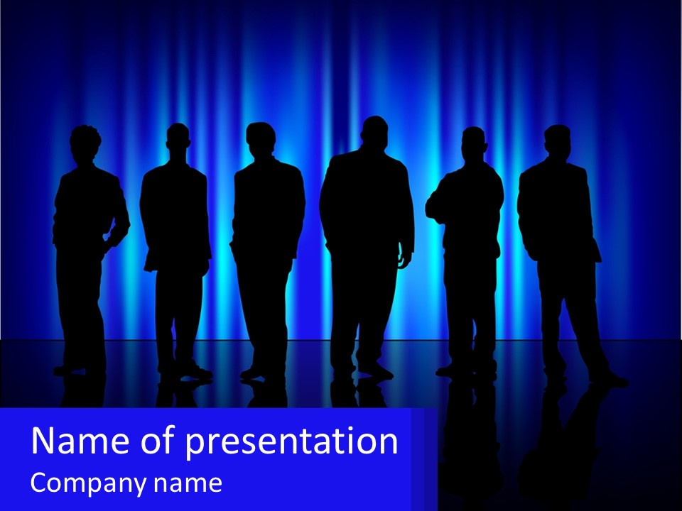 A Group Of People Standing In Front Of A Blue Curtain PowerPoint Template