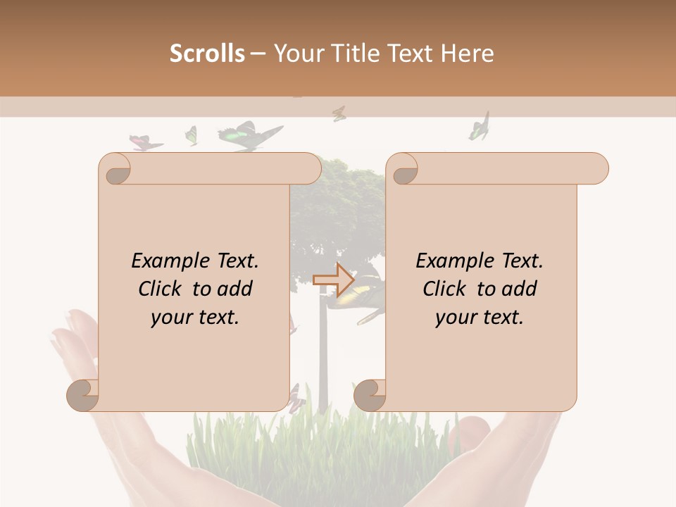 Two Hands Holding A Tree With Butterflies Flying Around It PowerPoint Template