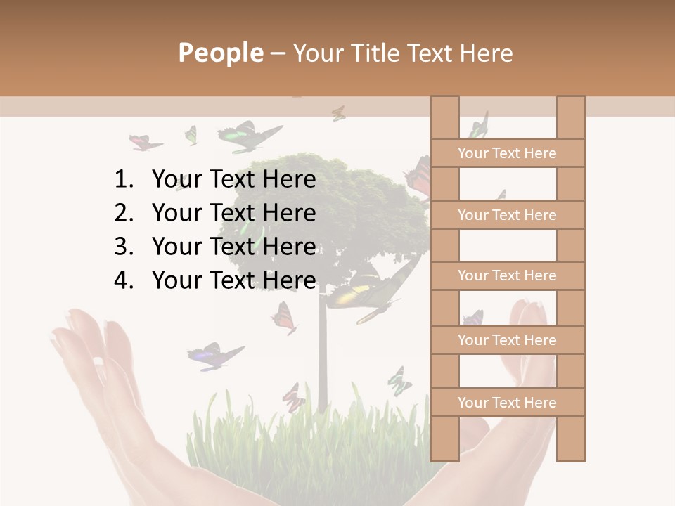 Two Hands Holding A Tree With Butterflies Flying Around It PowerPoint Template