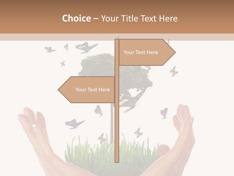 Two Hands Holding A Tree With Butterflies Flying Around It PowerPoint Template