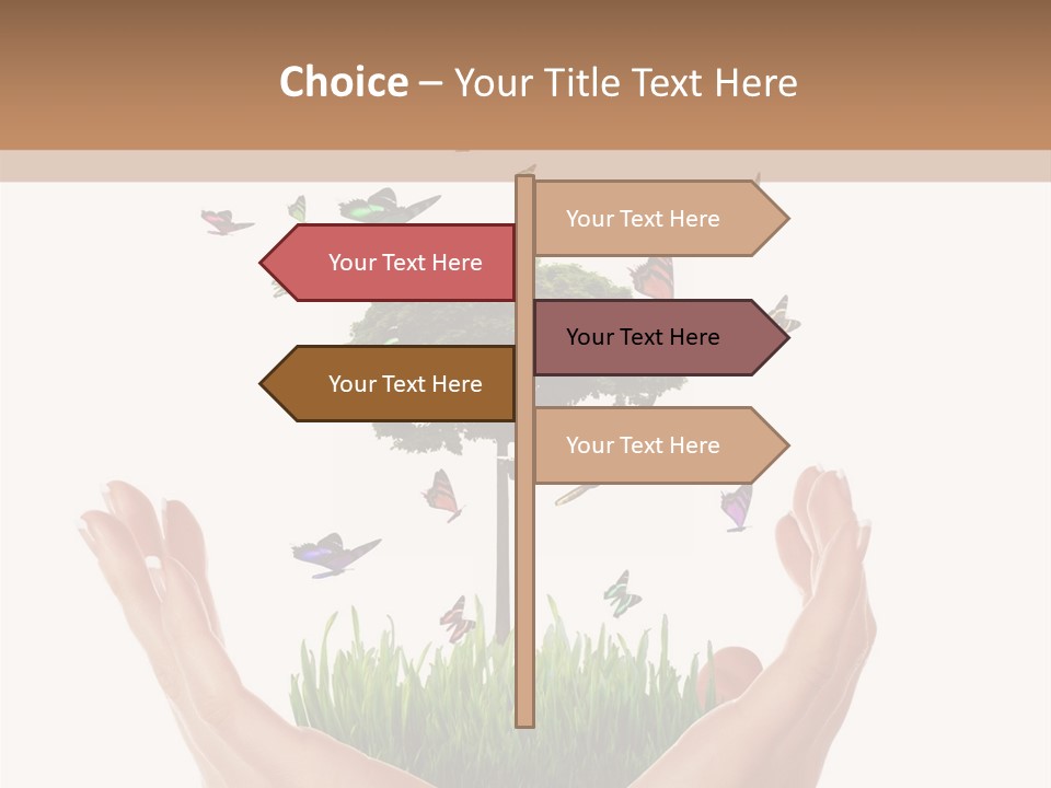 Two Hands Holding A Tree With Butterflies Flying Around It PowerPoint Template