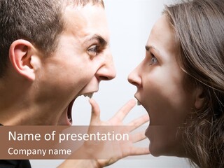 A Woman Yelling At A Man With His Mouth Open PowerPoint Template
