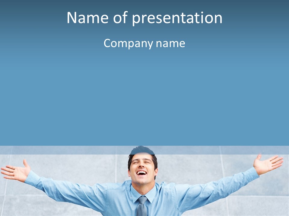 A Man In A Blue Shirt And Tie With His Arms Outstretched PowerPoint Template