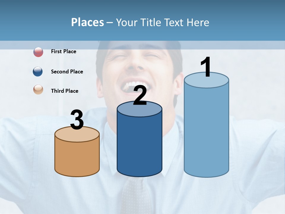 A Man In A Blue Shirt And Tie With His Arms Outstretched PowerPoint Template