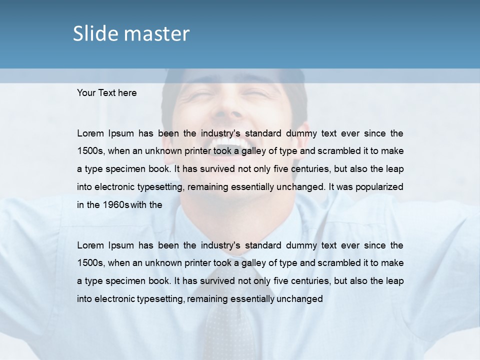 A Man In A Blue Shirt And Tie With His Arms Outstretched PowerPoint Template
