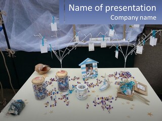 A Table Topped With Lots Of Items On Top Of A White Table PowerPoint Template