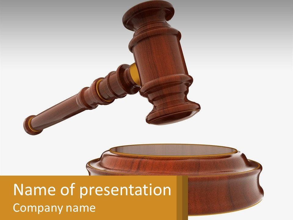 A Wooden Judge's Hammer Hitting A Wooden Table PowerPoint Template