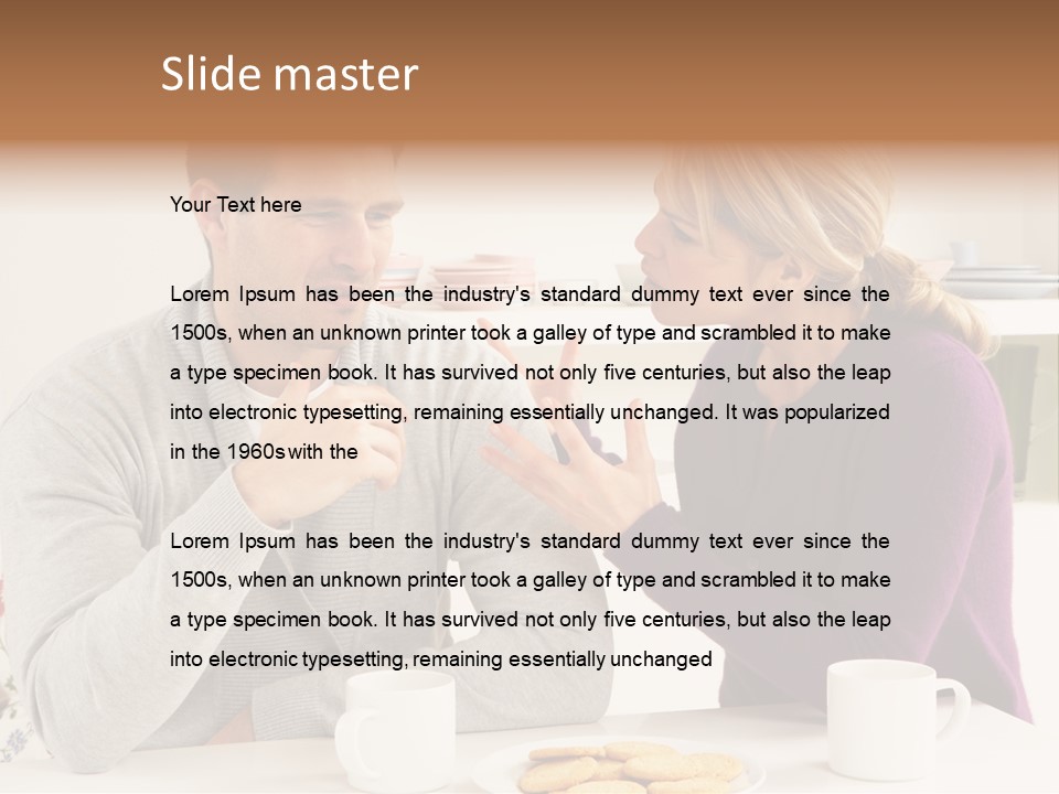 A Man And Woman Sitting At A Table Talking PowerPoint Template