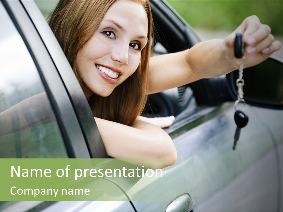 A Woman Holding A Car Key In Her Hand PowerPoint Template