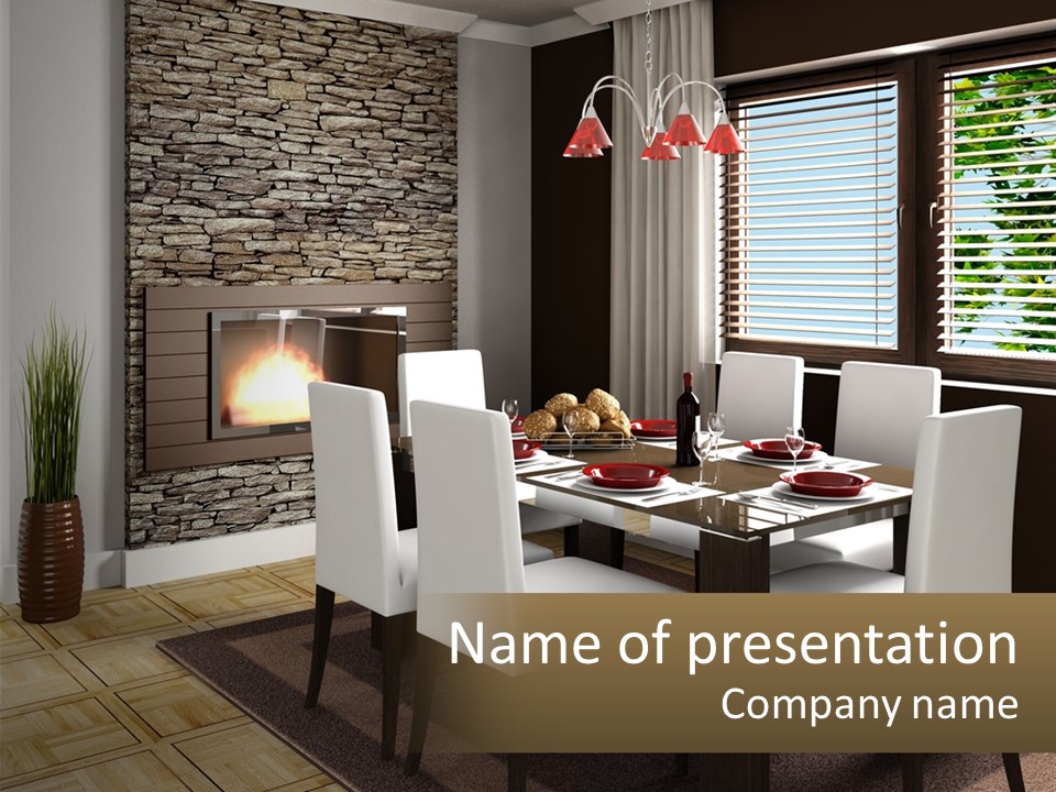 A Dining Room With A Table And Chairs And A Fireplace PowerPoint Template