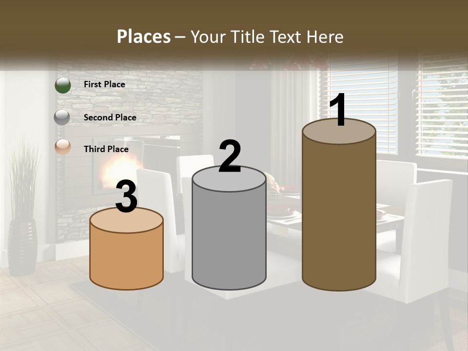 A Dining Room With A Table And Chairs And A Fireplace PowerPoint Template