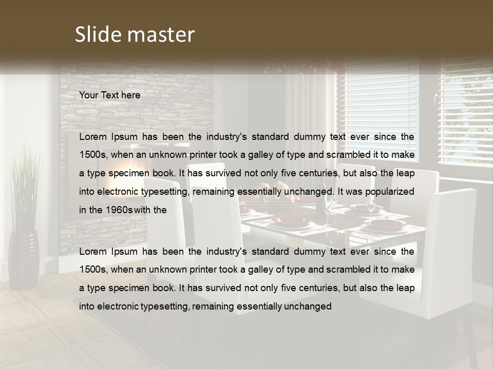 A Dining Room With A Table And Chairs And A Fireplace PowerPoint Template