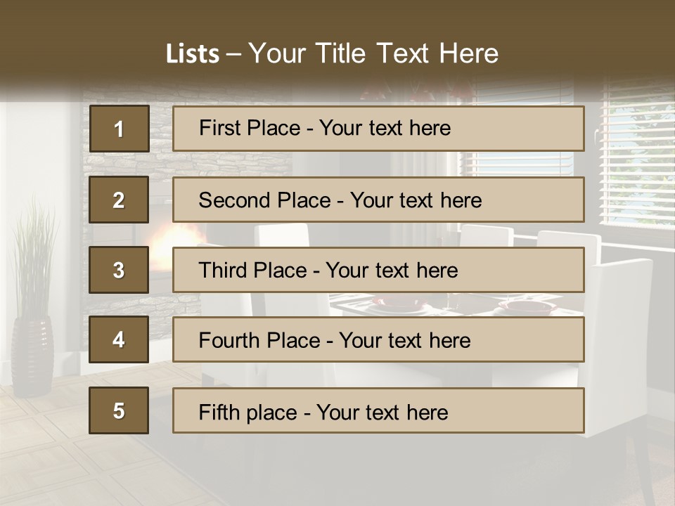 A Dining Room With A Table And Chairs And A Fireplace PowerPoint Template