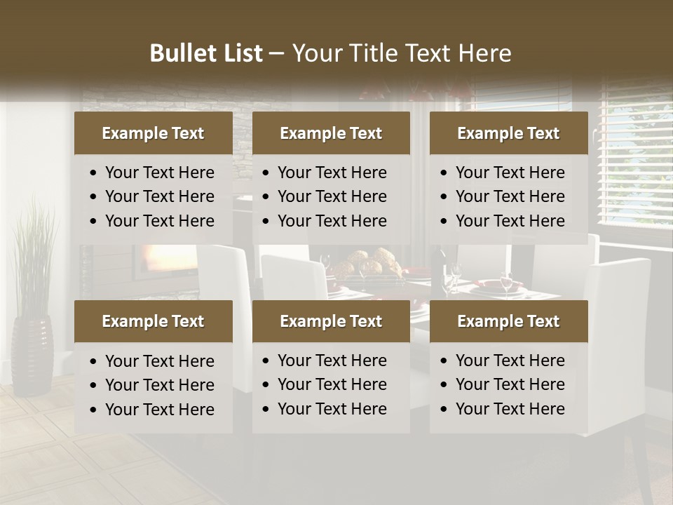 A Dining Room With A Table And Chairs And A Fireplace PowerPoint Template