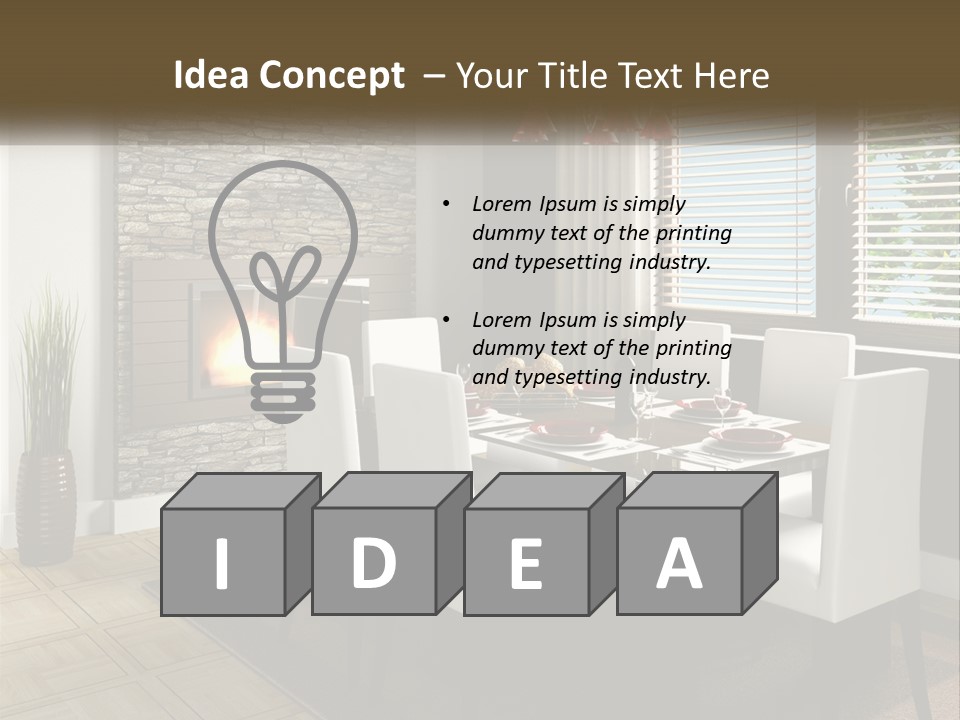 A Dining Room With A Table And Chairs And A Fireplace PowerPoint Template