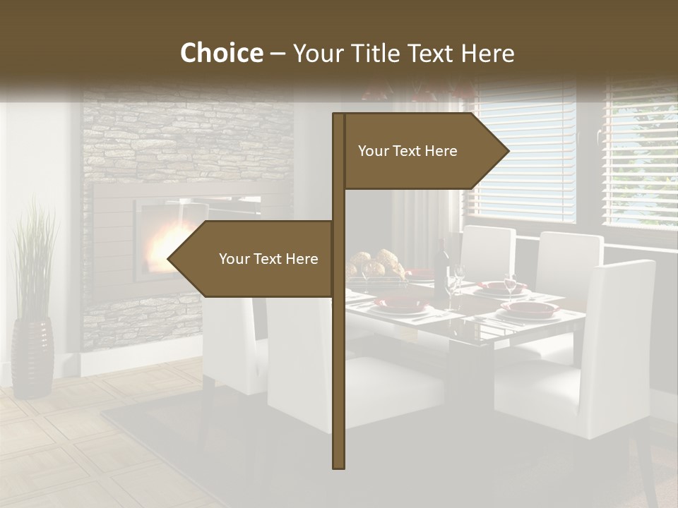 A Dining Room With A Table And Chairs And A Fireplace PowerPoint Template