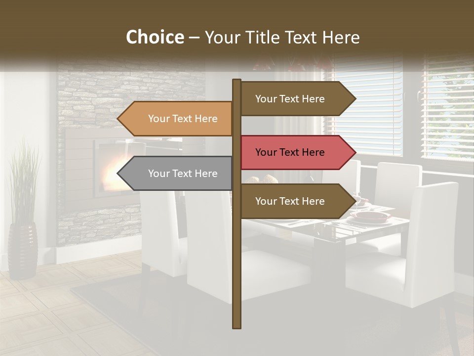 A Dining Room With A Table And Chairs And A Fireplace PowerPoint Template