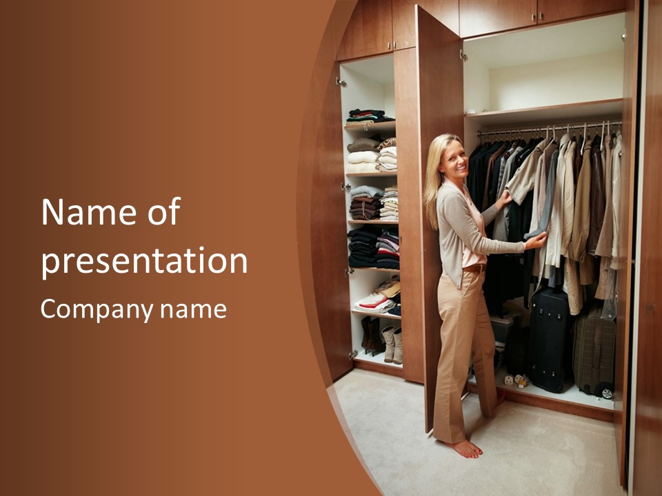 A Woman Standing In A Closet With A Suit Case PowerPoint Template