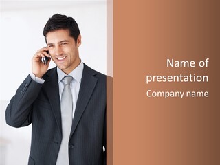 A Man In A Suit Talking On A Cell Phone PowerPoint Template