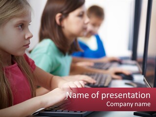 A Group Of Children Sitting At A Computer PowerPoint Template