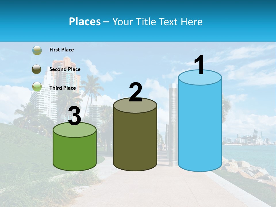 A Walkway With Palm Trees And A Body Of Water In The Background PowerPoint Template