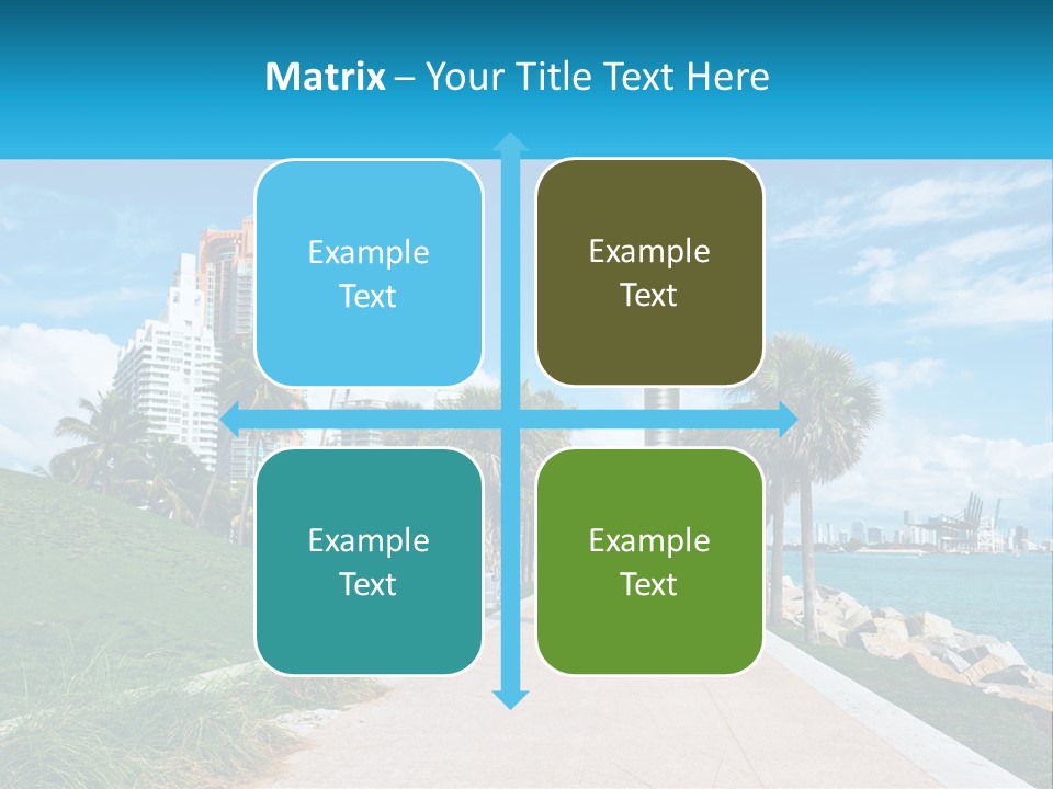 A Walkway With Palm Trees And A Body Of Water In The Background PowerPoint Template